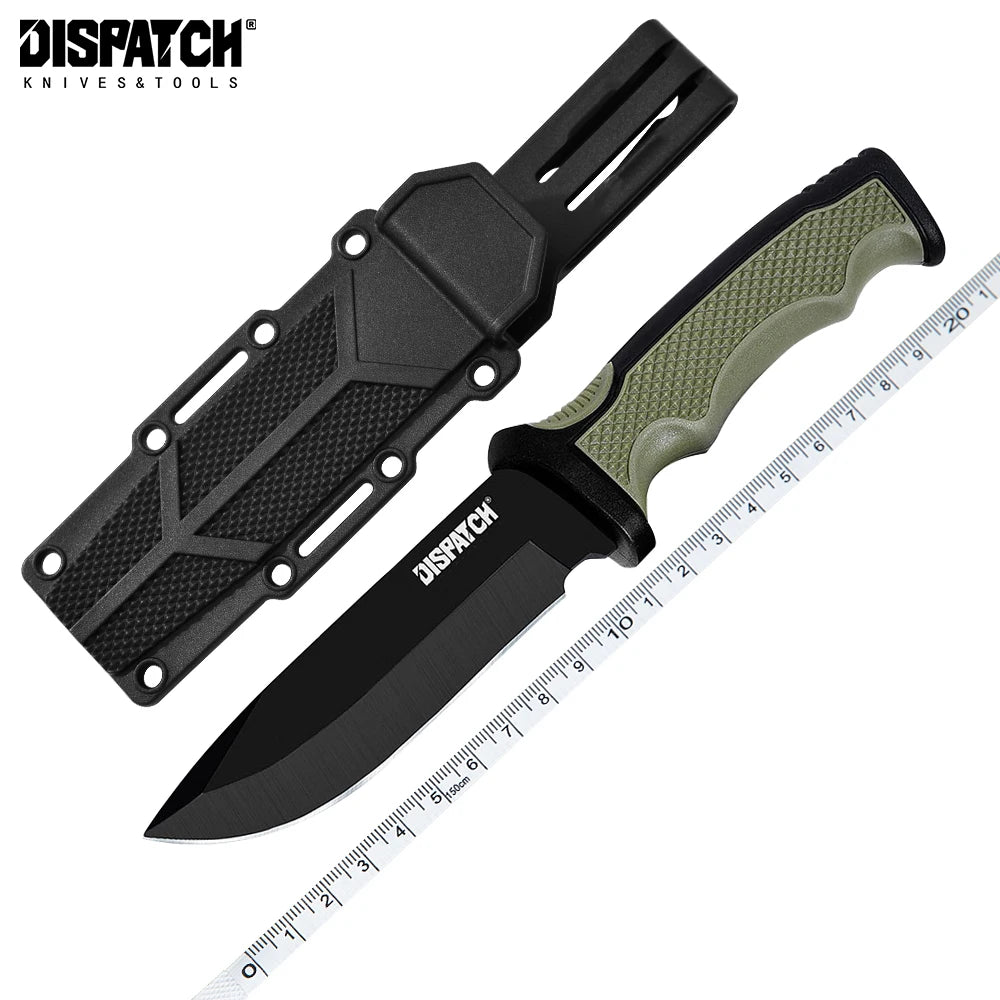 Tactical outdoor knife with sheath and ruler for size comparison, showcasing durable design and functionality.